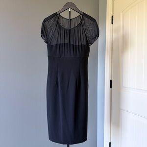 London Times Black Midi Sheath Dress with Mesh Yoke